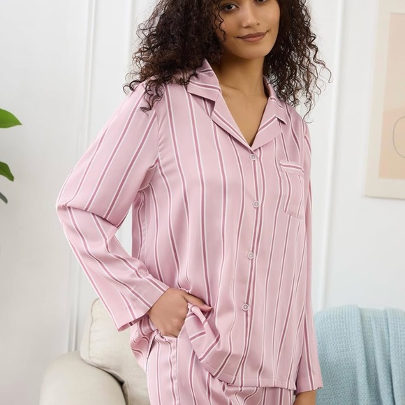 Chic Pink Striped Silky Pajama Pant Set XXL - Picture 7 of 9